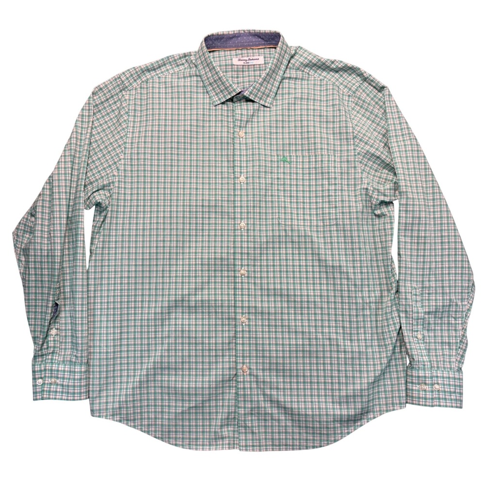 Tommy Bahama IslandZone Mens XL Green Orange Plaid Long Sleeve Button Down Shirt